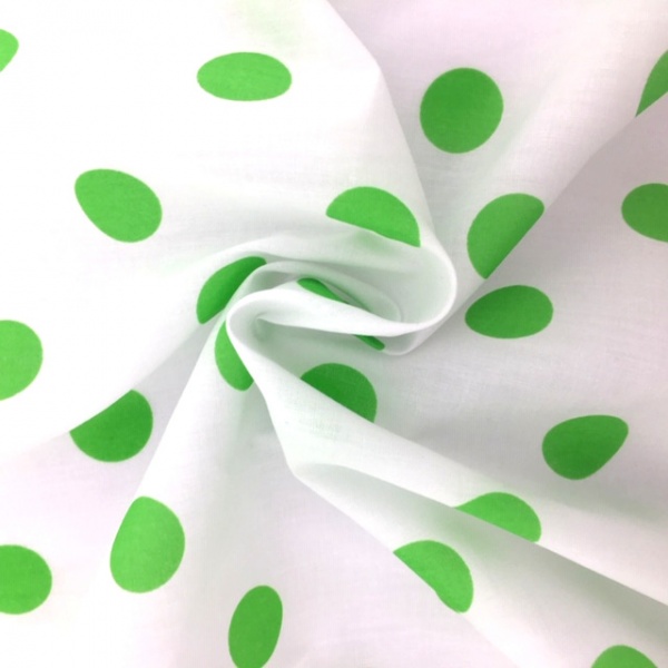 Polycotton Polkadots LIME GREEN on WHITE